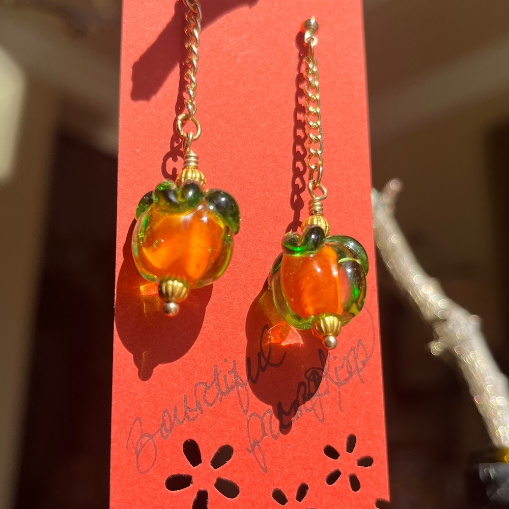 Pumpkin Fall Halloween Whimsical Orange Gold Chain Dangling  Glass Earrings - Picture 4 of 14